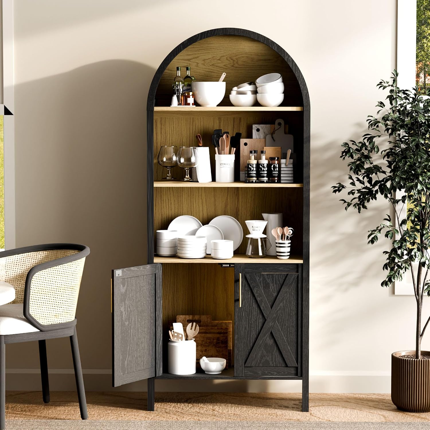 Arch Storage Cabinet with Beech-Wooden Door, 60' Cute Arched Display Cabinet, 4 Tier Farmhouse Buffet Cabinets with Storage for Dining Room, Living Room, Home Office or Kitchen (Black)