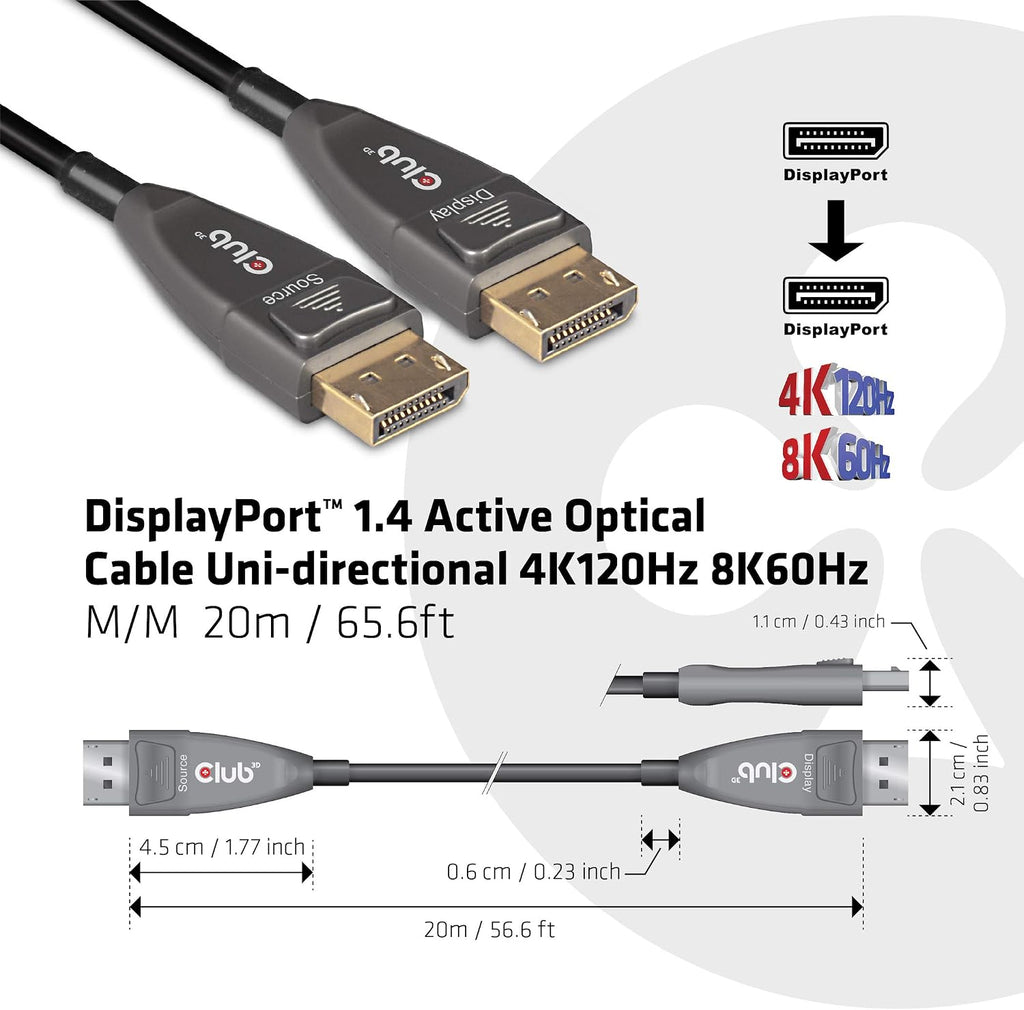 CLUB3D DisplayPort™ 1.4 Active Optical Cable HDR Unidirectional 4K120Hz 8K60Hz Male/Male 20 m