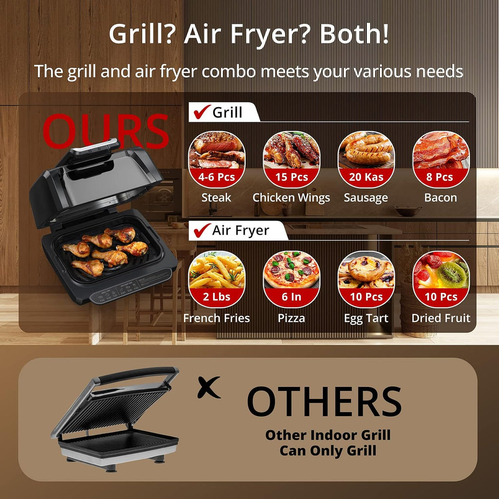Indoor Grill/Griddle Combo with View Window, 7-in-1 Smart Smokeless Electric Grill with Air Fryer, Bake, Roast, Broil and Dehydrate, Preheat, 1750W, Smart Thermometer, Silicone Tongs included