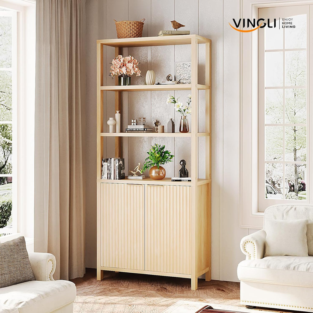 VINGLI Bookcase with Fluted Doors, 71' Wood Storage Cabinet with Adjustable Shelves, 6-Tier Display Cabinet Bookshelf for Study, Living Room, Home Office, Kitchen Pantry, Oak