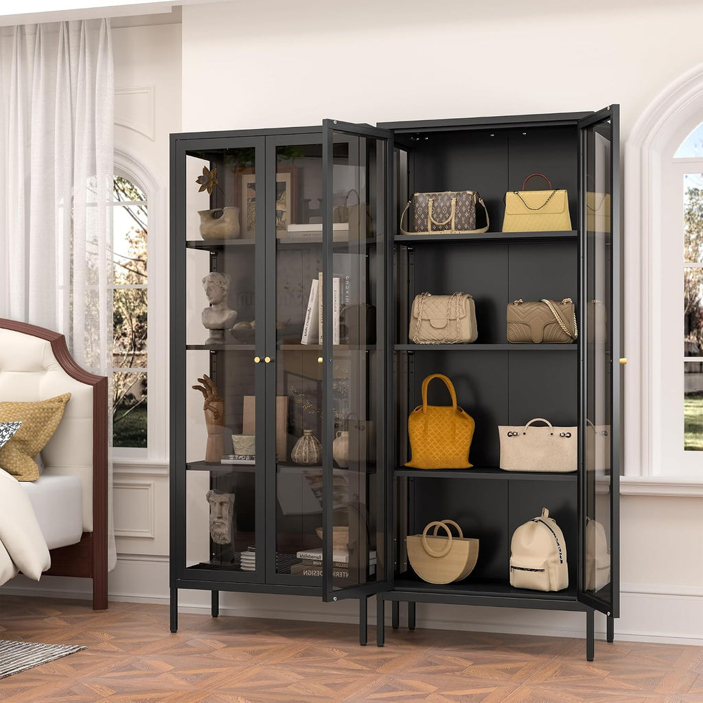 Polup Display Cabinet with 3 Side Tempered Glass, 66' Tall Curio Cabinet with Glass Doors, Black Display Case for Collectibles, Metal Storage Cabinet & Bookcase for Living Room, Assemble Required