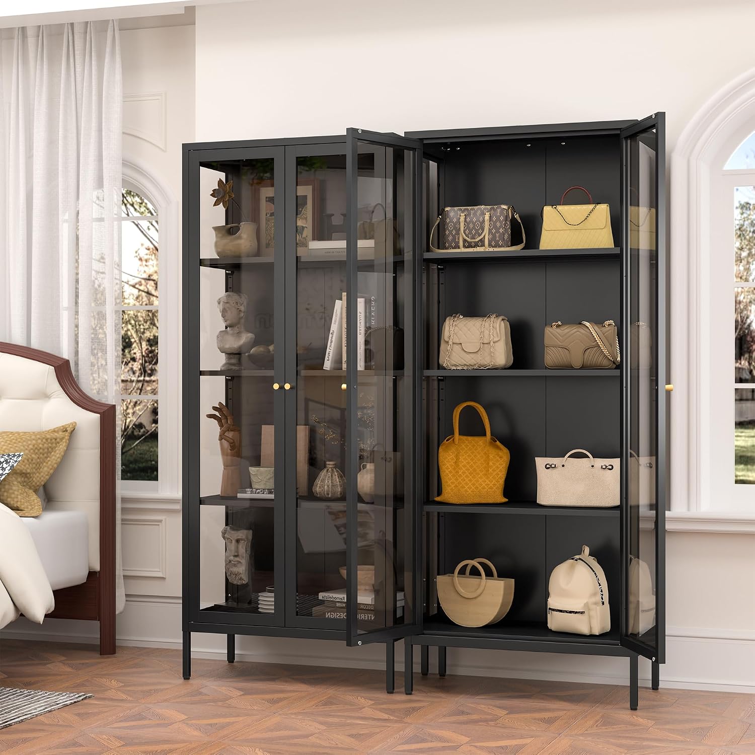 Polup Display Cabinet with 3 Side Tempered Glass, 66' Tall Curio Cabinet with Glass Doors, Black Display Case for Collectibles, Metal Storage Cabinet & Bookcase for Living Room, Assemble Required