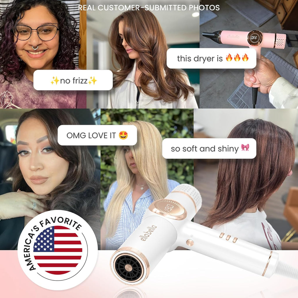 ELLA BELLA® Professional Ionic Hair Dryer with Diffuser • Negative Ion Blow Dryer • Suitable All Hair Types • Intelligent Heat Control & Rapid Drying Speeds • Lightweight Design • Low Noise Technology