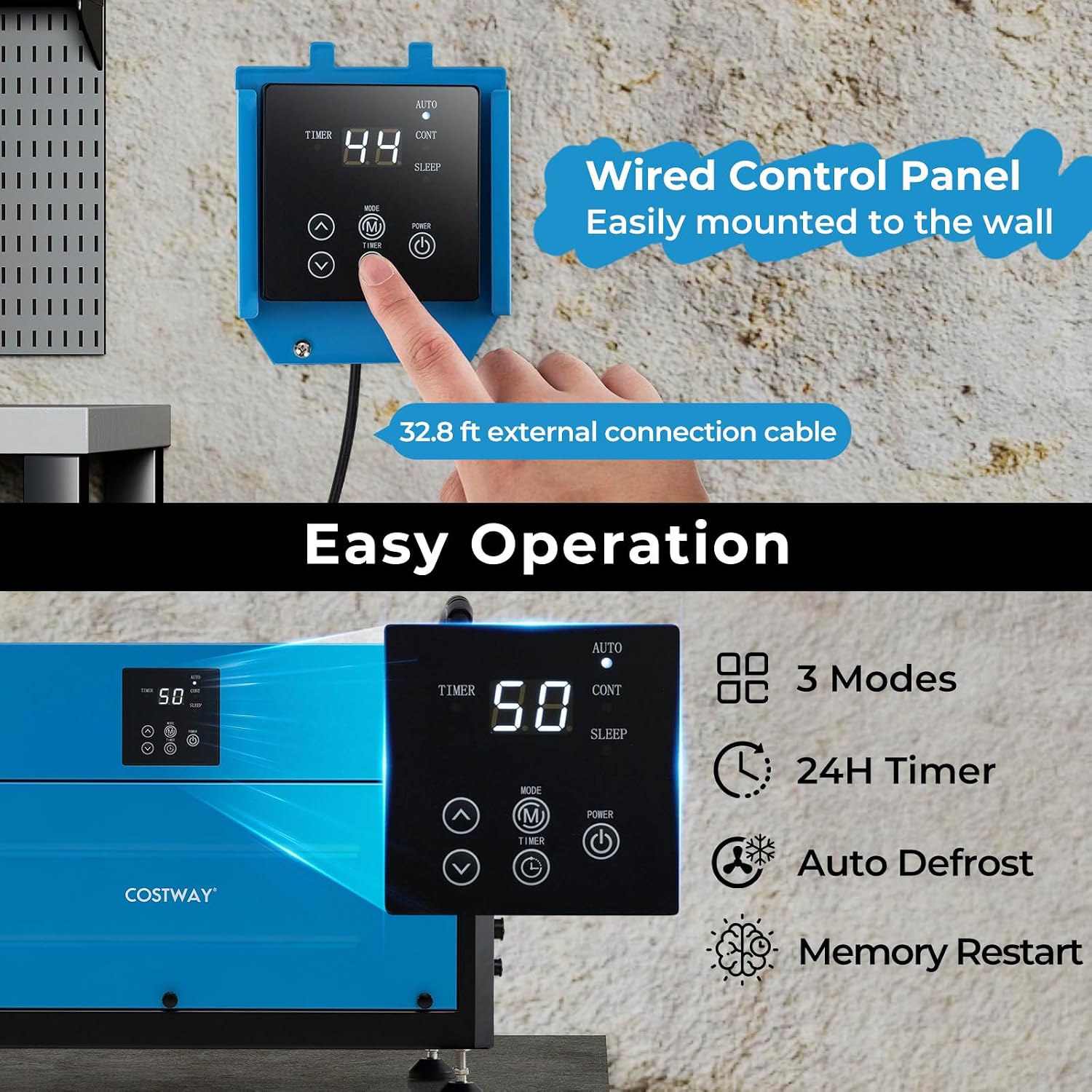 COSTWAY 155 PPD Commercial Dehumidifier, 1900 Sq.Ft Crawl Space Dehumidifier with 9.8 FT Drain Hose & Wired Remote Control Panel, Ideal for Basement, Warehouse (Blue)