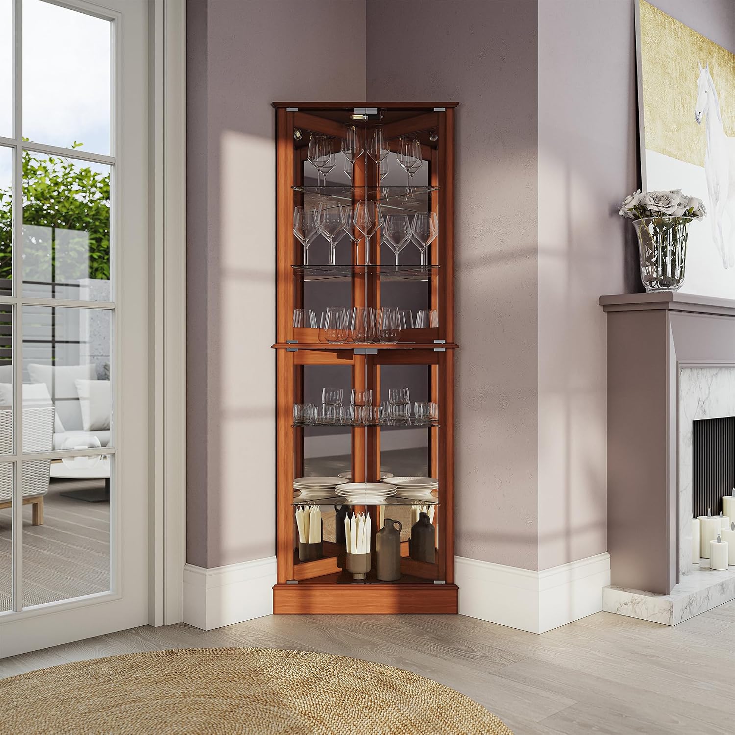 BELLEZE Lighted Corner Display Curio Cabinet Wooden Shelving Unit with Tempered Glass Door, Bar and Liquor Storage Area with 6 Shelves - Woody (Oak)