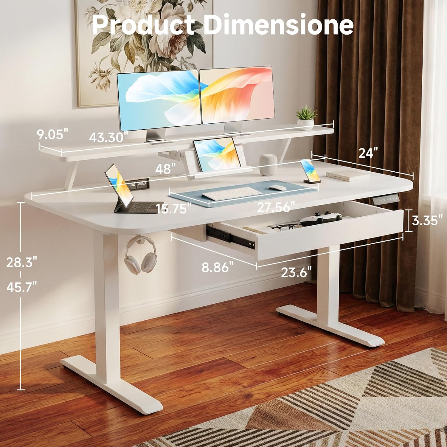 COMHOMA Electric Standing Desk with Drawers, 48 x 24'' Sit Stand up Desk with Monitor Stand, Laptop Stand, Height Adjustable Ergonomic Home Office Computer Desk with Memory Preset Controller