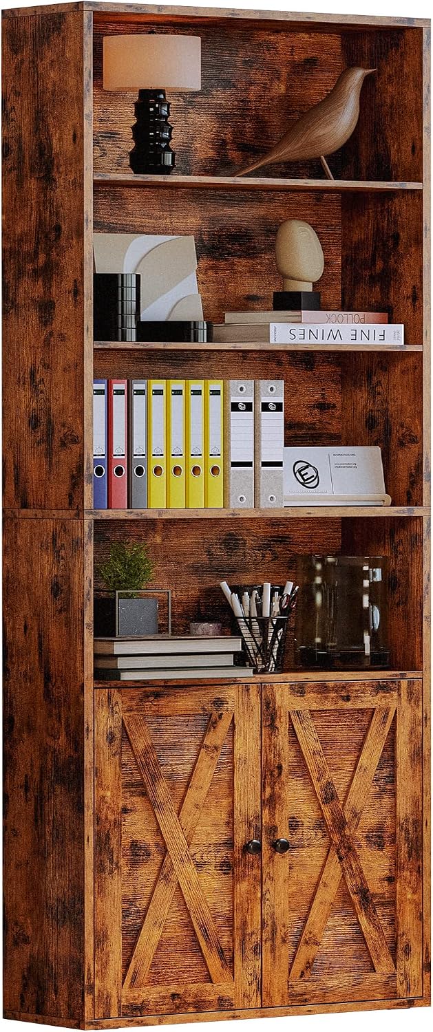 IRONCK Industrial Bookshelves and Bookcases with Doors Floor Standing 6 Shelf Display Storage Shelves 70 in Tall Bookcase for Home Office, Living Room