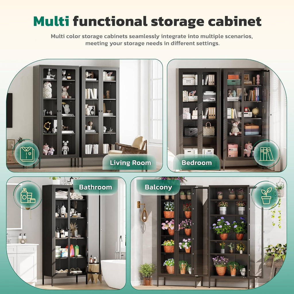 Greenvelly Metal Glass Display Cabinet with 5-Tier Storage Shelves, Tall Curio Cabinet with Glass Doors and Shelves, Black Steel Cabinet Collectibles Display Case for Home Office, Living Room, Pantry