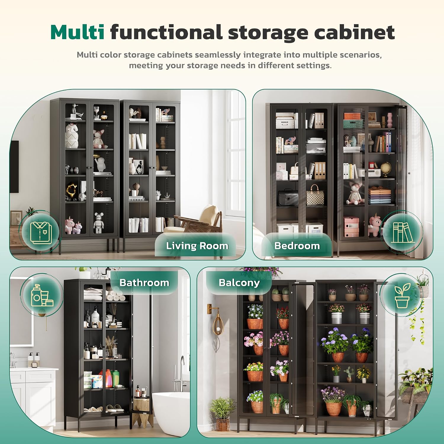 Greenvelly Metal Glass Display Cabinet with 5-Tier Storage Shelves, Tall Curio Cabinet with Glass Doors and Shelves, Black Steel Cabinet Collectibles Display Case for Home Office, Living Room, Pantry