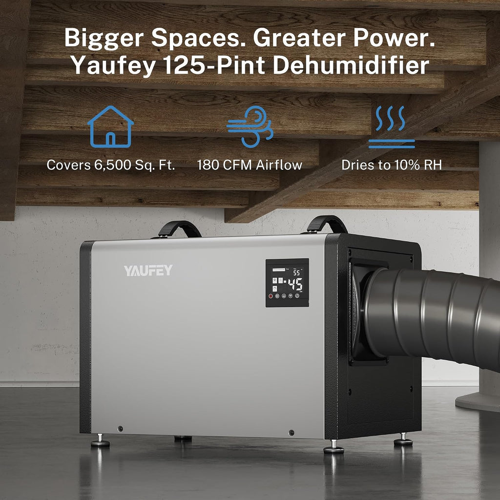 Yaufey 125 Pints Commercial Dehumidifier with Drain Hose for 6500 Sq.Ft. Crawl Space, Basement, Industrial, 10-90% RH Humidity Control, 24/7 Running Continuous Drainage, TUV Certified, 5-Yr Coverage