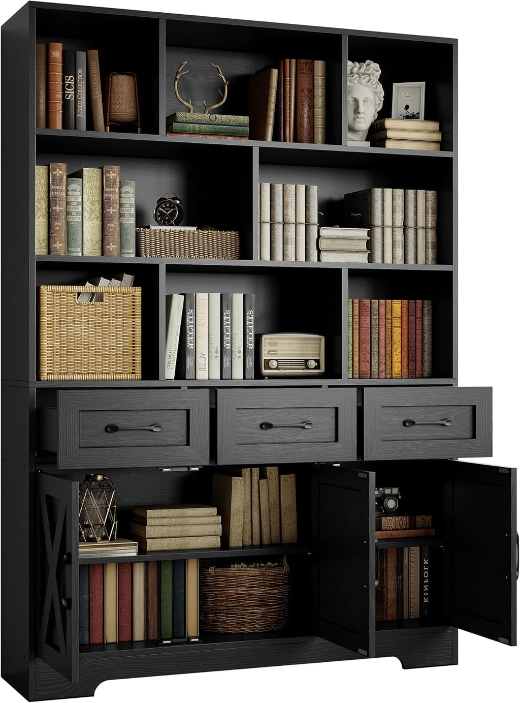 IRONCK Bookshelf with Drawers & Doors, Tall Bookshelf, Bookcase with Cabinets for Home Office, Living Room, Black