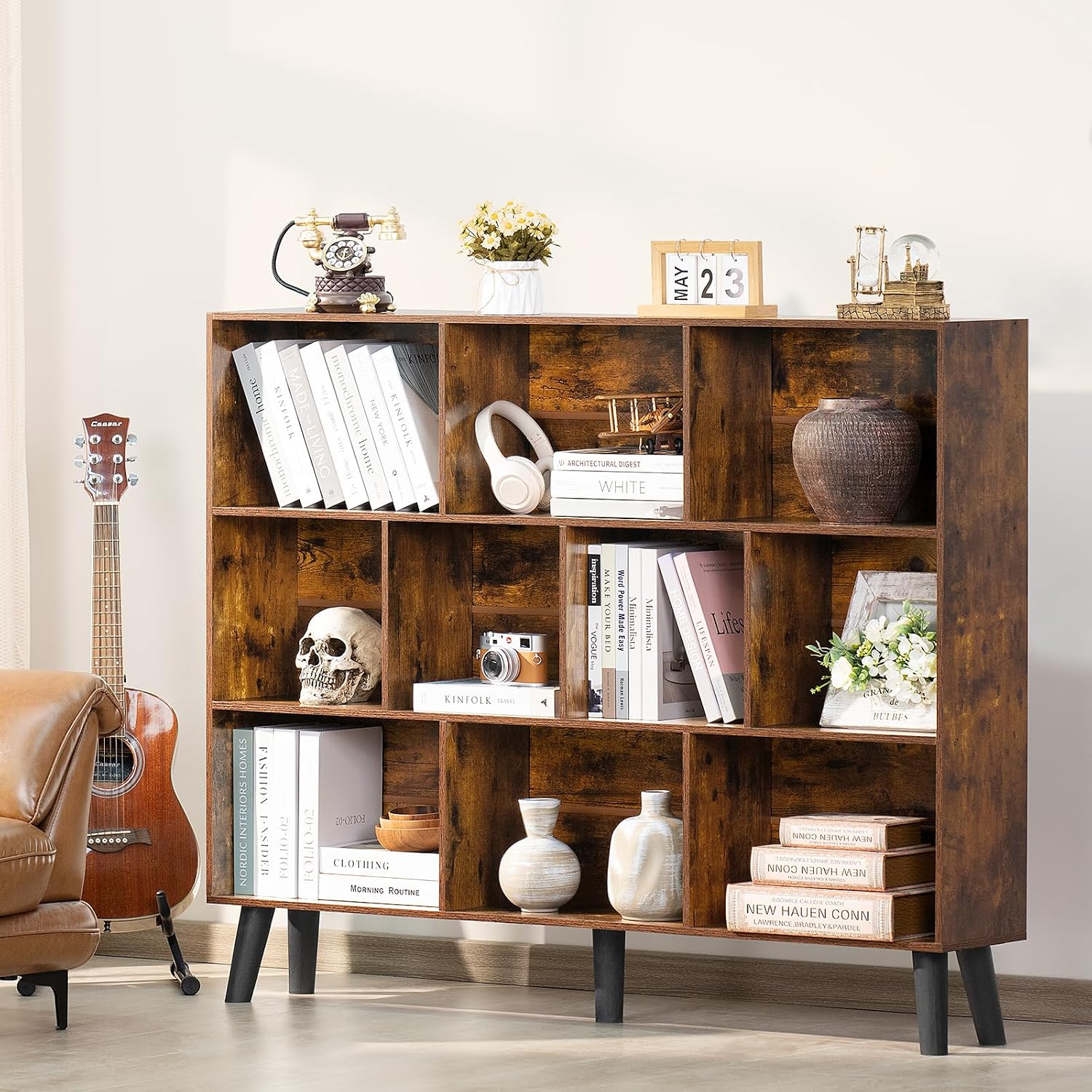 LEYAOYAO 10 Cube Bookshelf, 3 Tier Vintage 55.12' Wide Bookcase with Legs, Mid-Century Wood Bookshelves Storage, Brown Large Book Case, Freestanding Organizer Display Shelf for Living Room, Office