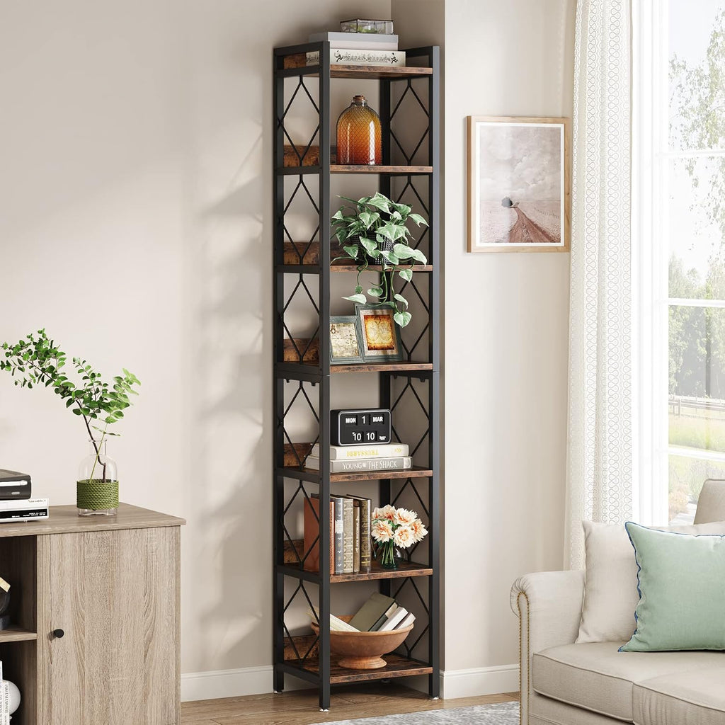 Tribesigns 78.7 Inch Extra Tall Narrow Bookshelf Set of 2, 7 Tier Skinny Bookcase for Small Spaces, Freestanding Display Shelves, Multifunctional Corner Storage Organizer for Home Office, Rustic Brown