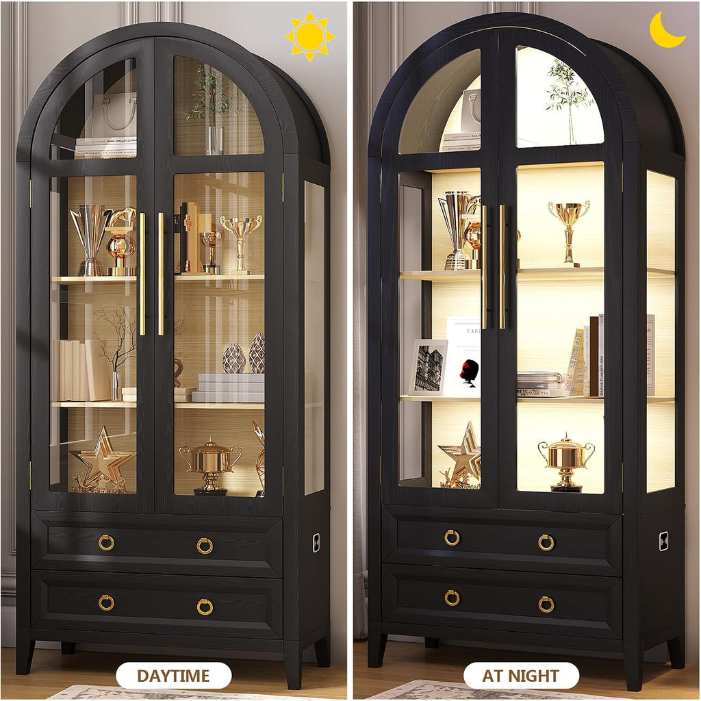 LVSOMT 71' Tall Arched Storage Cabinet with Glass Doors and Drawers, Curio Display Cabinet with Adjustable LED Light & Human Sensor, 4-Tier China Cabinet for Living Room(Black+Wood)