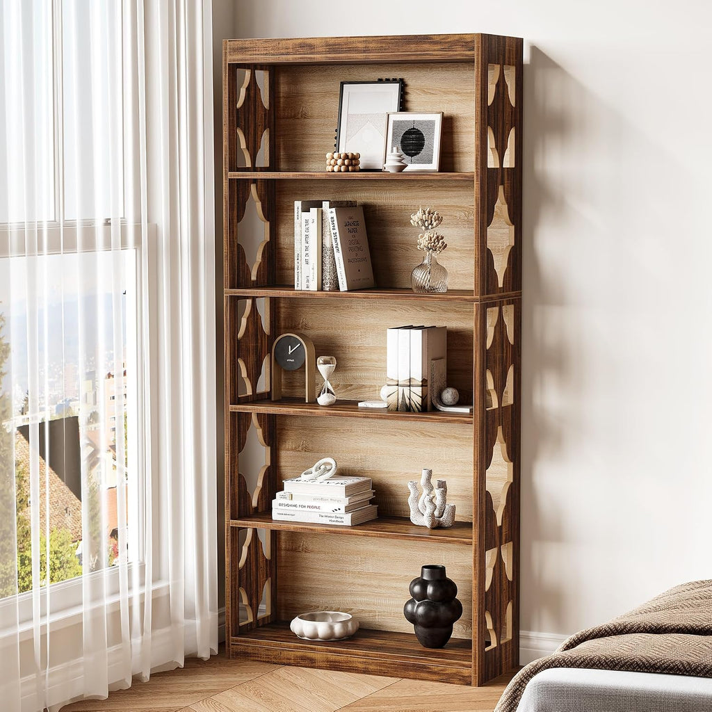 LITTLE TREE 69.9' Vintage Bookshelf, 5-Tier Tall Bookshelves, Cutout Design Vertical Bookcase, Freestanding Storage Display Shelf for Living Room, Bedroom, Study, Office, 1 Pack