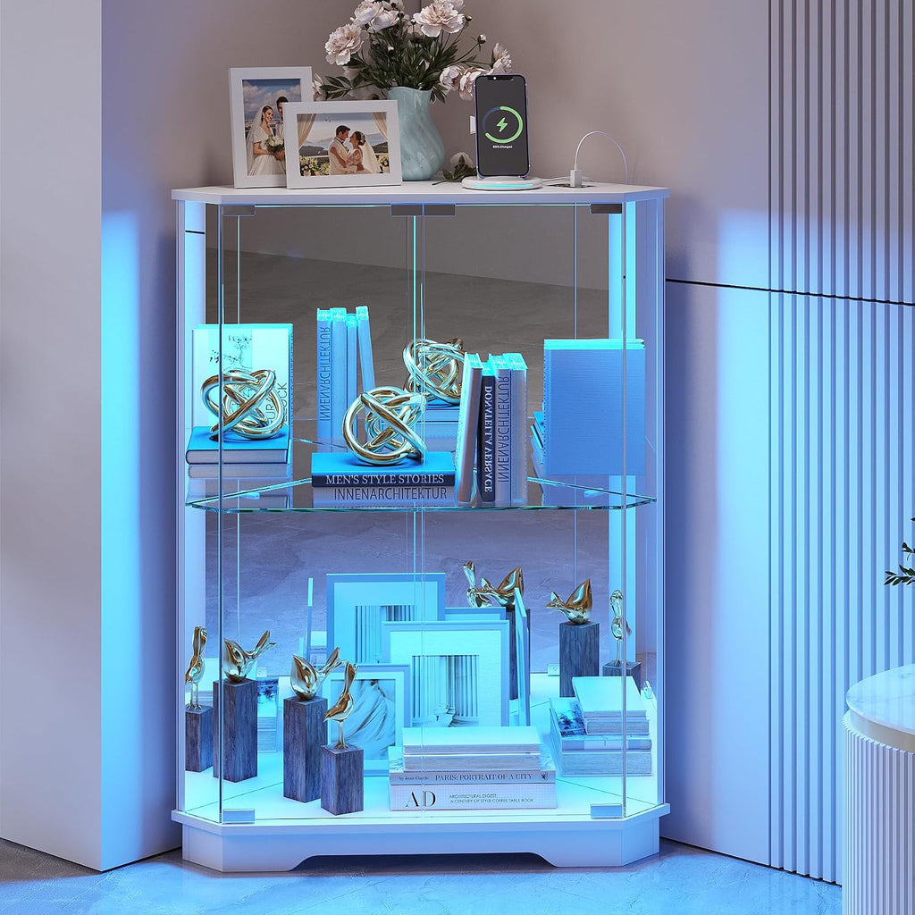 TAGELIER Corner Cabinet with Glass Doors, Small Storage Cabinet with LED Lights and Charging Station, 2-Tier Curio Cabinet with Storage for Living Room, Bedroom or Kitchen, White