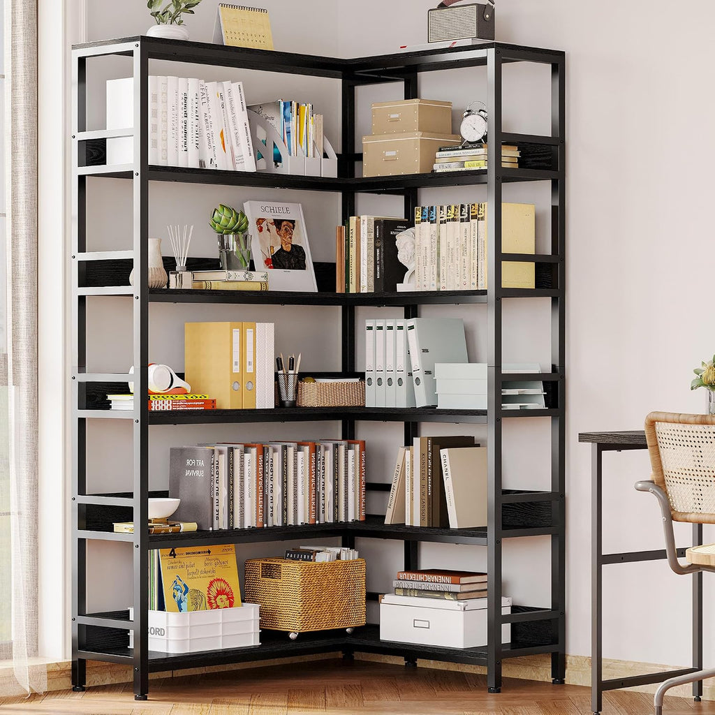 IRONCK Corner Bookshelf 6 Tiers, Industrial Corner Bookcase with Baffles Etagere, L Shaped Bookshelves with Metal Frame, Corner Shelf Storage Rack for Living Room Home Office