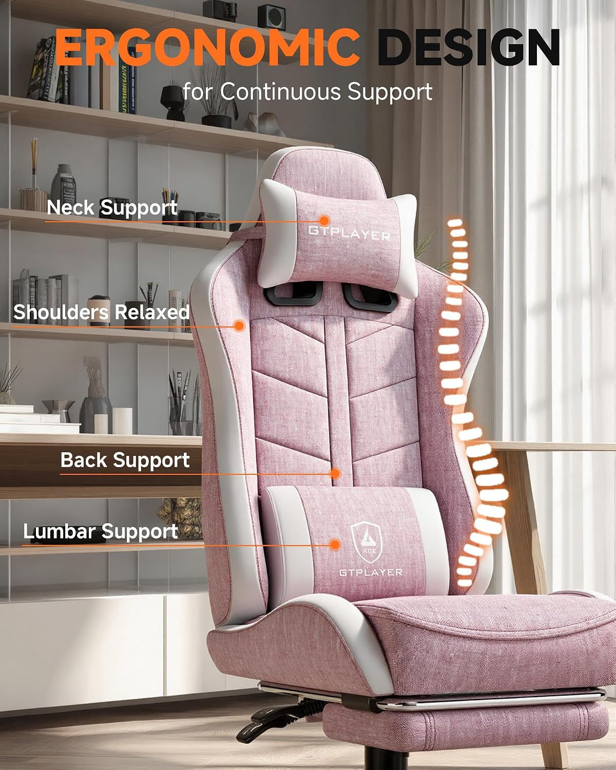GTPLAYER Gaming Chair for Adults, Ergonomic Computer Gaming Chair with Footrest, Height Adjustable, 90-155° Recline & Removable Headrest Lumbar Support, Valentines Day Gift, Pink