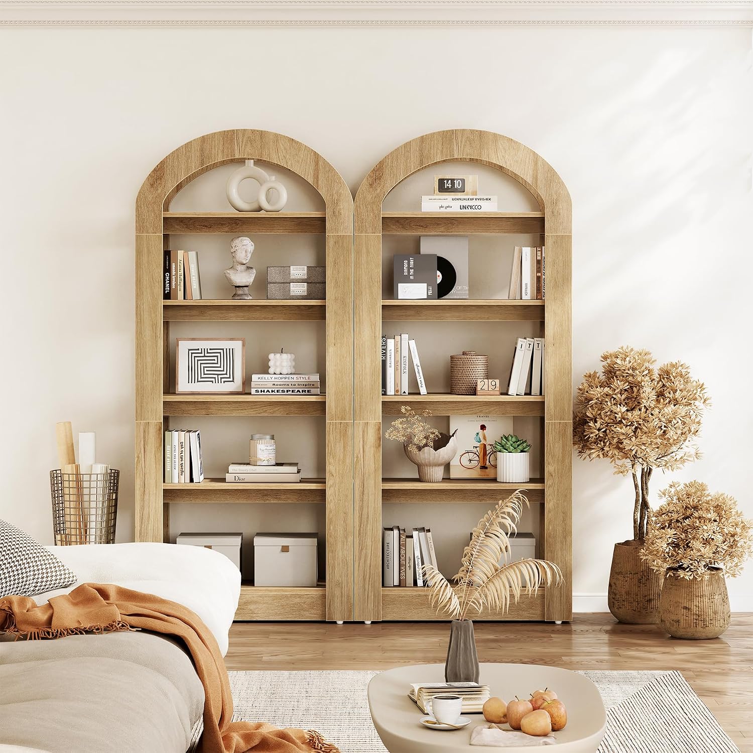 LITTLE TREE 5-Tier Bookshelf, Arch-Shaped Racks, Tall Standing Wooden Bookcase Display Shelf Modern Storage Solution (1, Teak Color)