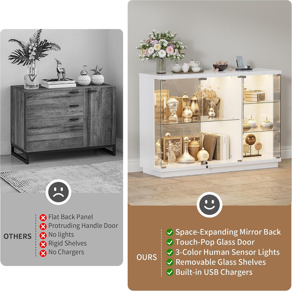 HNEBC Lockable Display Curio Cabinet with Glass Door,47.2' W Glass Display Cabinet with 3 Color Lights for Collectibles,5-Tier Lighted Display Case with Human Sensor,Living Room,White
