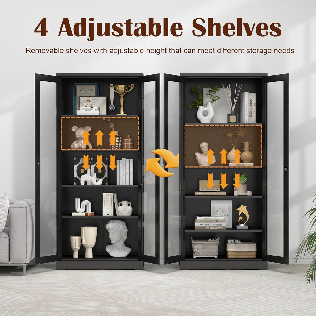 SteeLoong 71' Glass Display Cabinet with Lock,Curio Cabinet with Glass Doors, Metal Display Case with 4 Adjustable Shelves, Black Bookcase Locking Storage Cabinets for,Liquor,Commercial