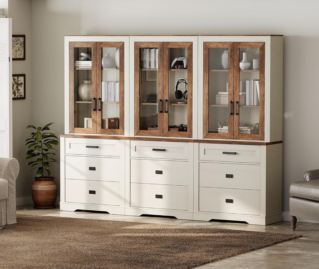 WAMPAT 3 Column 73.3' Tall Bookcase with Glass Door, 94.5' Wide Rustic Wood Bookshelves with Chest of Drawers, Modern Farmhouse Display Cabinet with Adjustable Shelves for Home,Office,White&Oak