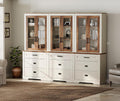 WAMPAT 3 Column 73.3' Tall Bookcase with Glass Door, 94.5' Wide Rustic Wood Bookshelves with Chest of Drawers, Modern Farmhouse Display Cabinet with Adjustable Shelves for Home,Office,White&Oak