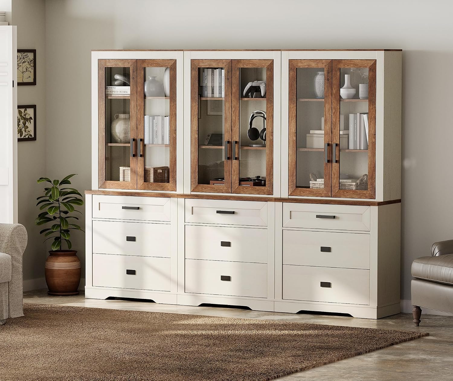 WAMPAT 3 Column 73.3' Tall Bookcase with Glass Door, 94.5' Wide Rustic Wood Bookshelves with Chest of Drawers, Modern Farmhouse Display Cabinet with Adjustable Shelves for Home,Office,White&Oak
