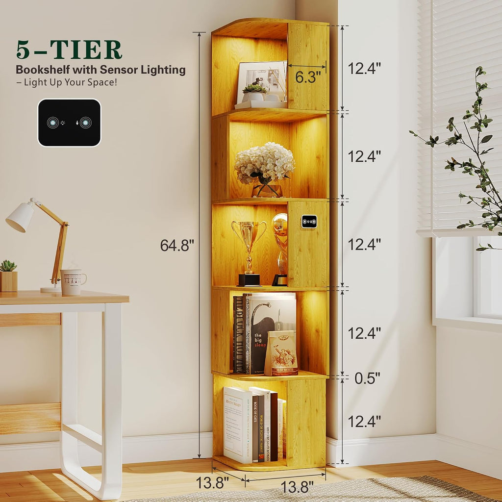 5 Shelf Bookcase - Corner Bookshelf with 3 Colors LED Sensor Lights Modern Cube Storage Organizer for Lego Books Living Room Study Bedroom - Ideal Gift (Wood)