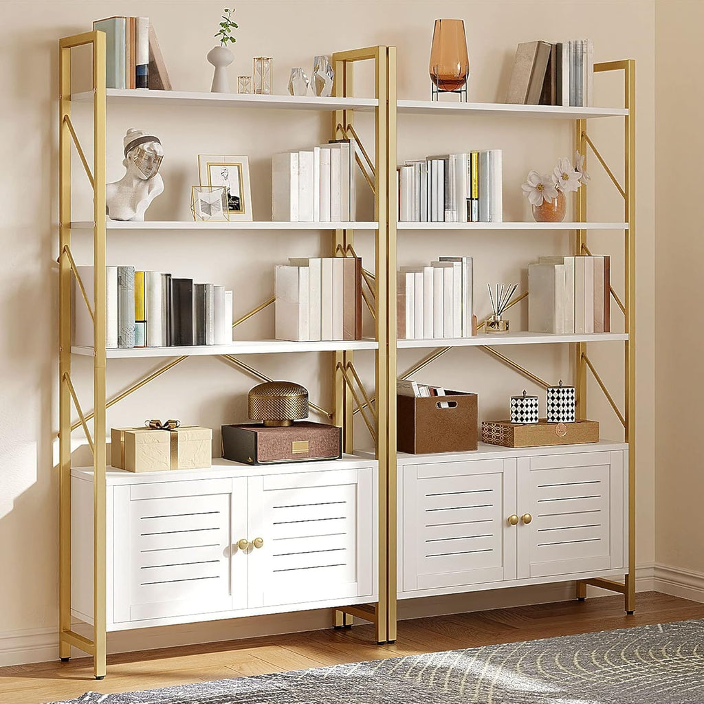 YITAHOME Bookshelf with Storage Cabinet, Modern Bookcase Standing 5 Tiers Book Shelves Display Rack with Doors for Bedroom Living Room Office, White Gold