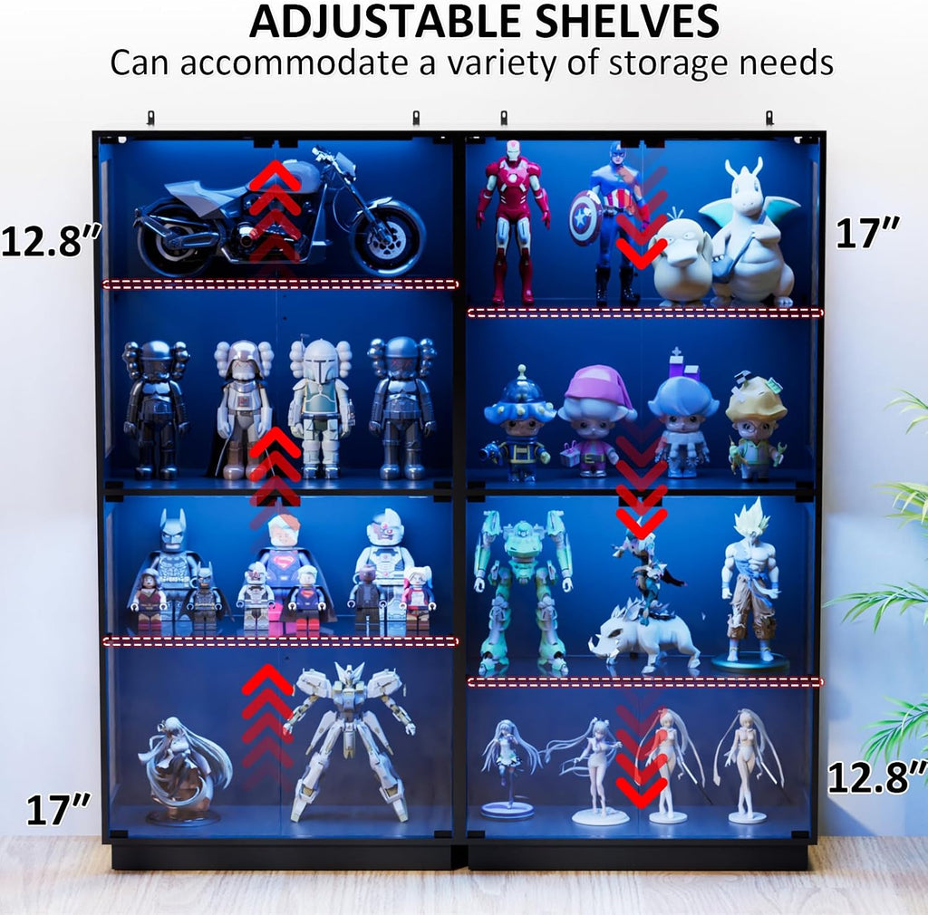 Display Cabinet with Glass Doors 4 Tier Glass Display Case with RGB LED Lights Display Cases for Collectibles Adjustable Shelves Display Case, for Game Room, Living Room, Bedroom, Black