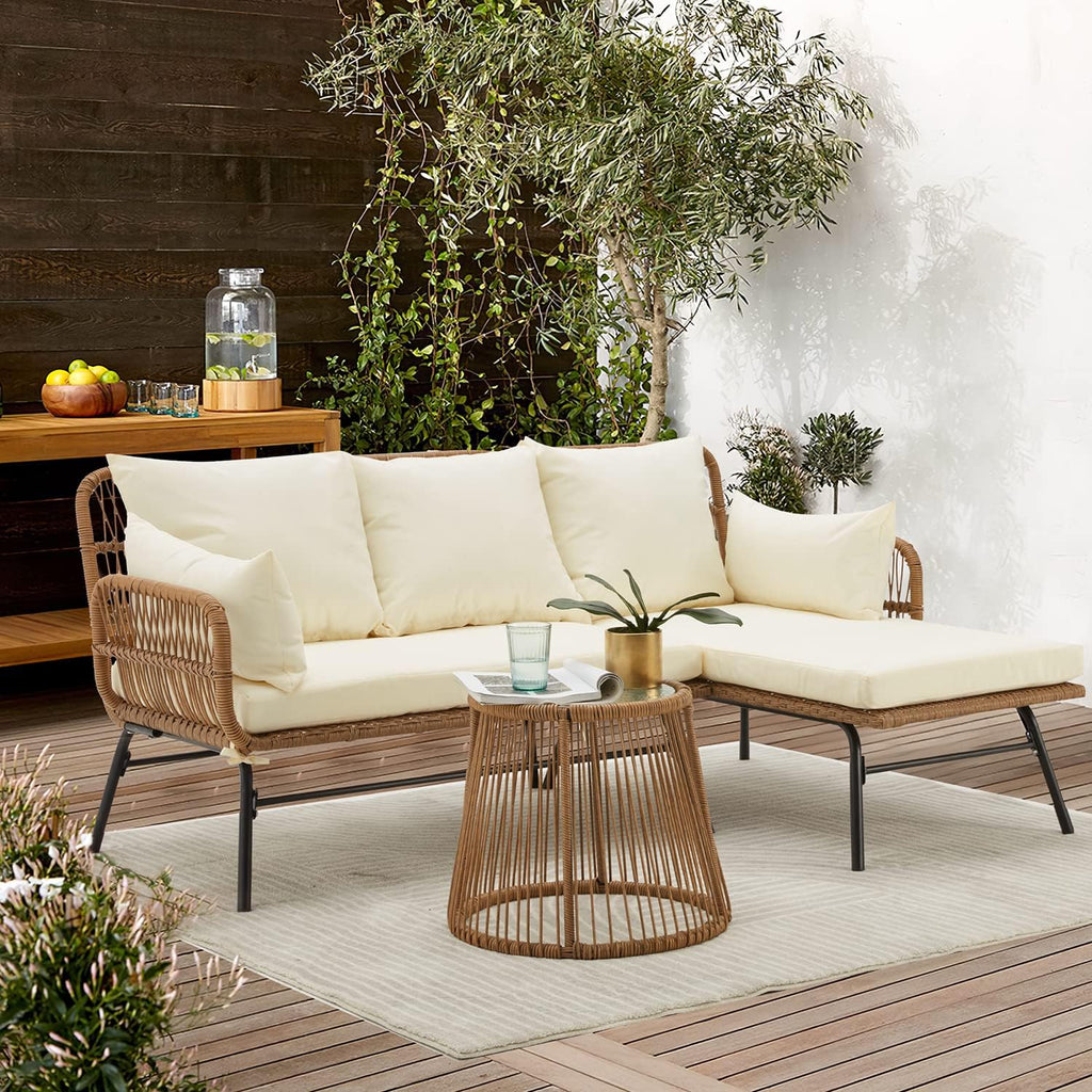 EROMMY 3 Piece Patio Furniture Set, L-Shaped Sectional Conversation Sofa Set with Thick Cushions and Toughened Glass Coffee Table for Backyard Balcony Garden Porch, White