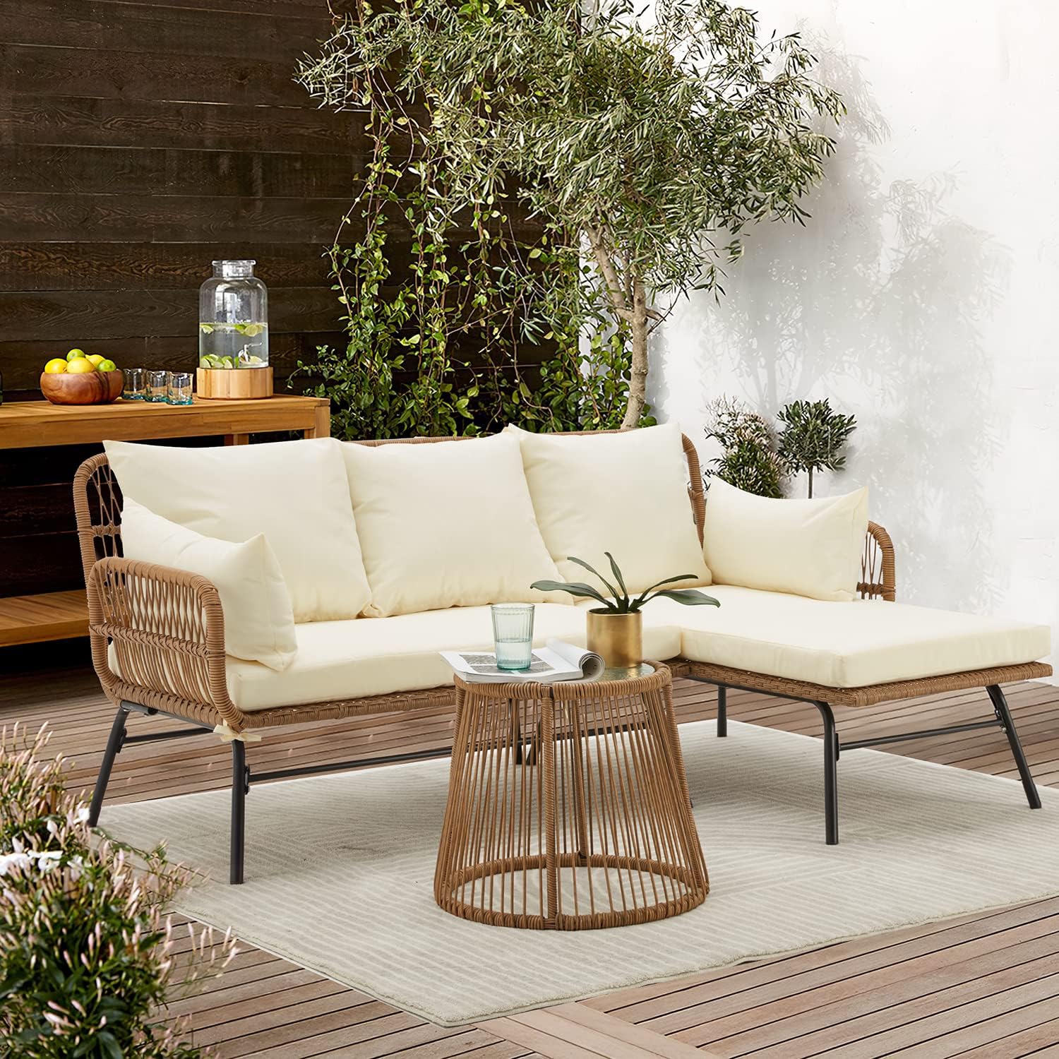 EROMMY 3 Piece Patio Furniture Set, L-Shaped Sectional Conversation Sofa Set with Thick Cushions and Toughened Glass Coffee Table for Backyard Balcony Garden Porch, White