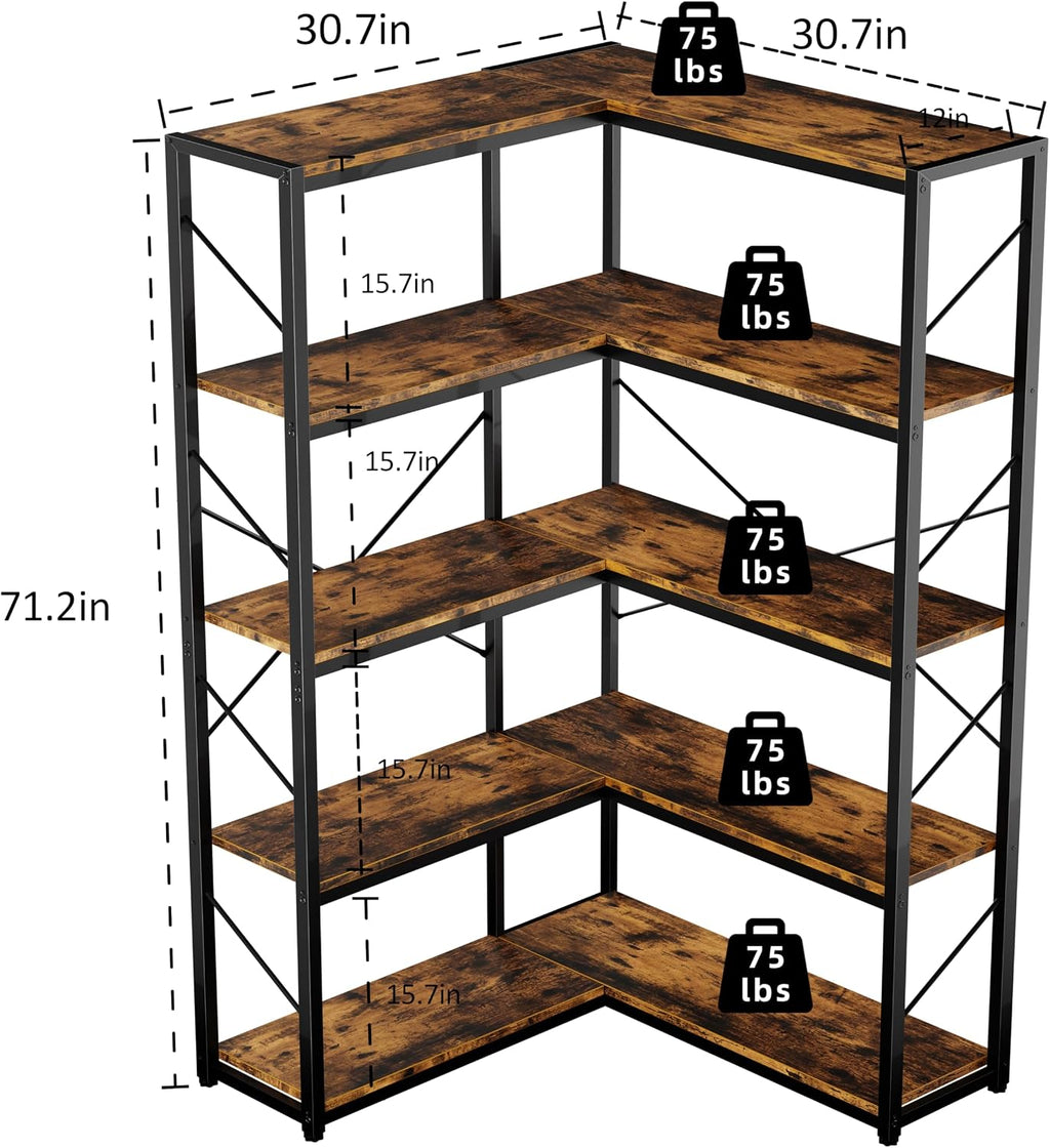 Shintenchi 5 Tier Corner Bookshelf,L Shaped Bookcase,Large Etagere Bookcase,Corner Shelf Display Storage Rack with Metal Frame for Living Room Bedroom Office,Rustic Brown