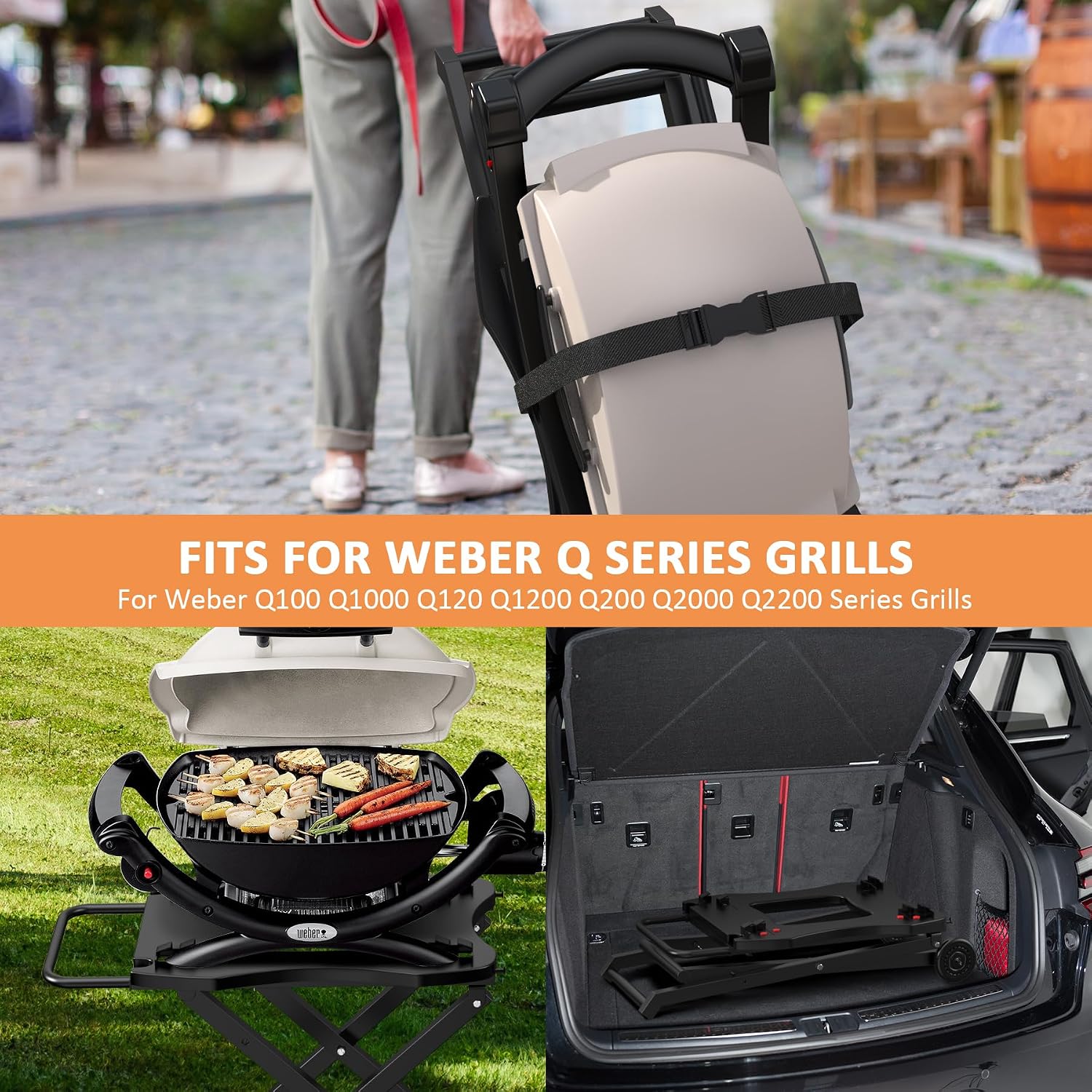 Portable Grill Cart for Weber Q Series Q100 Q1000 Q120 Q1200 Q200 Q2000 Q2200 Gas Grill, Collapsible Grill Stand Table for Weber Q1400 Q2400 Electric Grill, Outdoor Folding Trolley Grill Cart