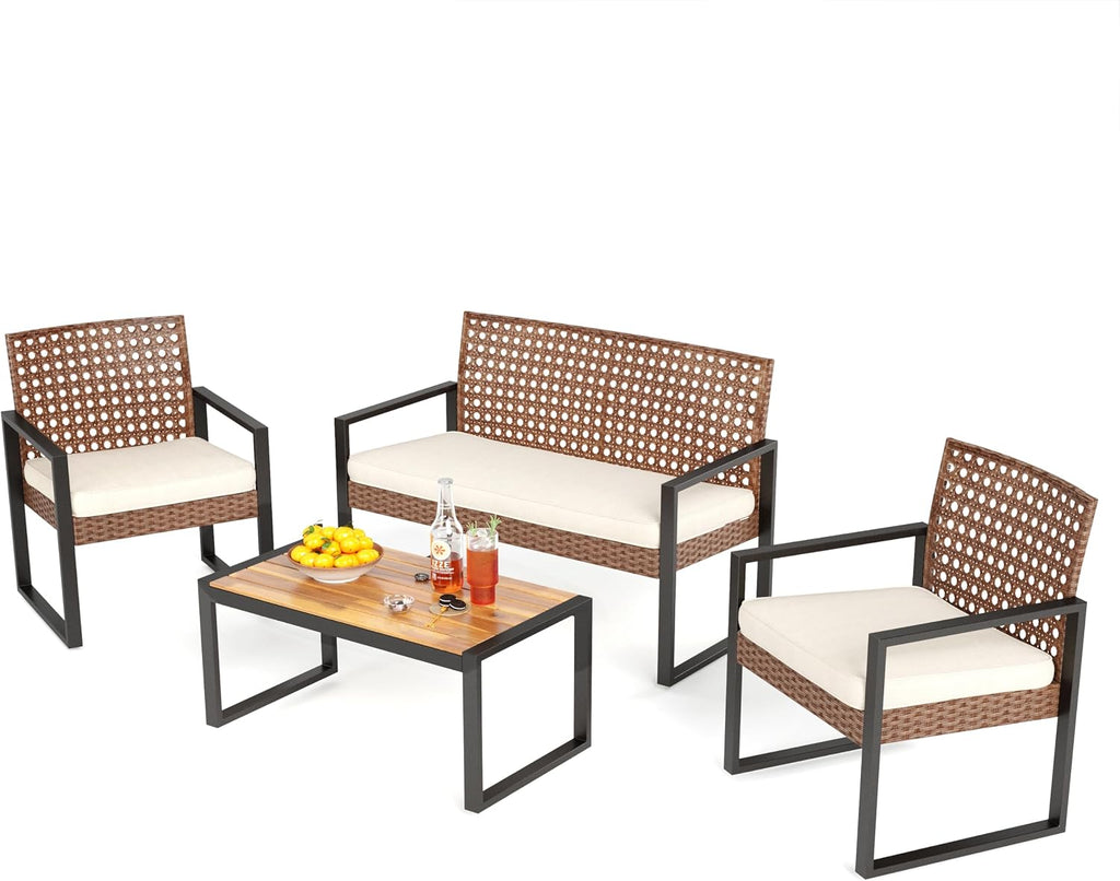 PHI VILLA Patio Wicker Furniture Set for 4, Brown Rattan Loveseat & Chairs with Beige Cushions & Acacia Wood Coffee Table, Outdoor Conversation Sofa Set for Deck, Yard, Porch (Round Hole Back)