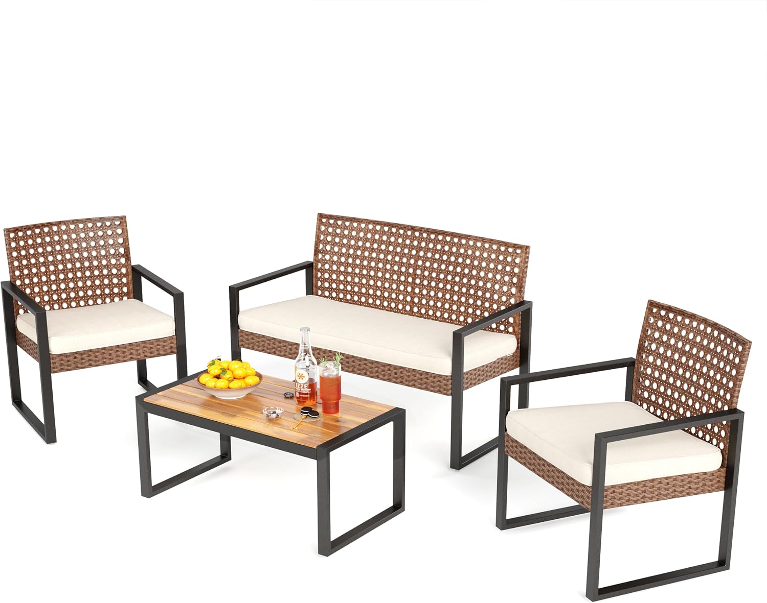 PHI VILLA Patio Wicker Furniture Set for 4, Brown Rattan Loveseat & Chairs with Beige Cushions & Acacia Wood Coffee Table, Outdoor Conversation Sofa Set for Deck, Yard, Porch (Round Hole Back)