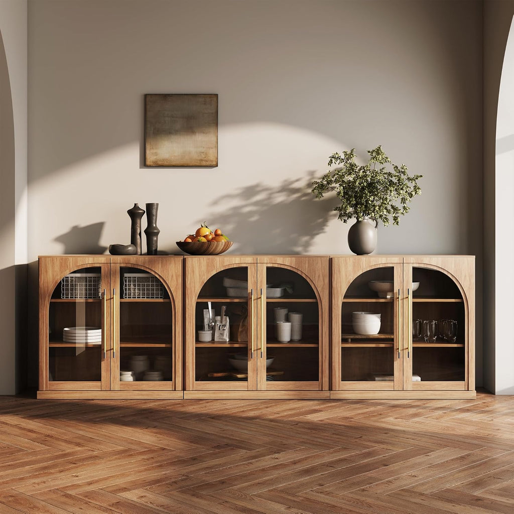 BELLEZE Set of 3 Modular Sideboard with Arched Glass Door, 97'' Accent Display Buffet Cabinet with Storage and Adjustable Shelves,Classic Modern Credenza for Dining Room Living Room Entryway (Camel)