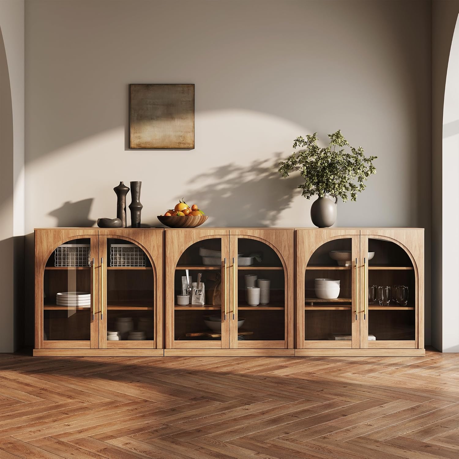 BELLEZE Set of 3 Modular Sideboard with Arched Glass Door, 97'' Accent Display Buffet Cabinet with Storage and Adjustable Shelves,Classic Modern Credenza for Dining Room Living Room Entryway (Camel)