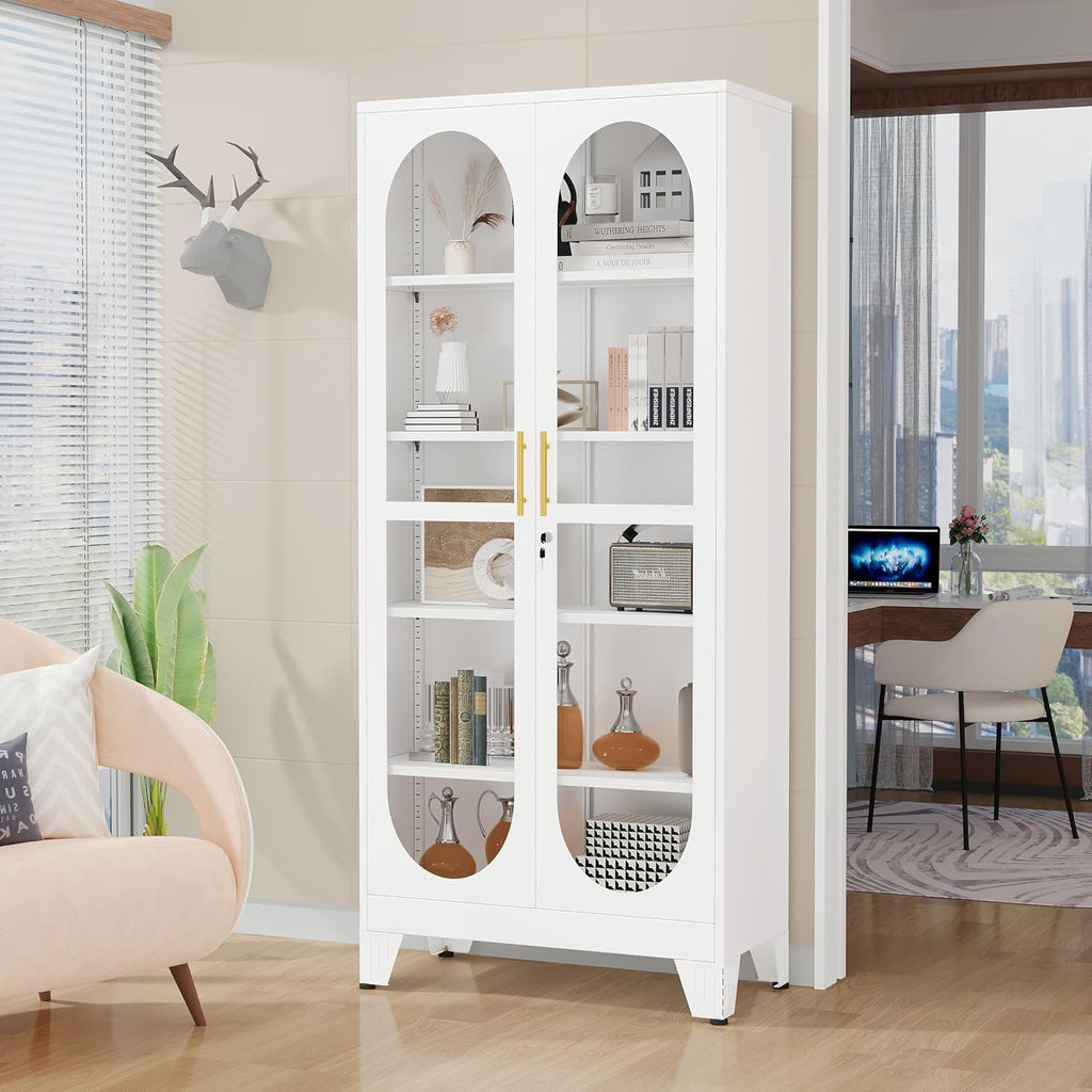 GAIOUS 71' Tall Curio Cabinet with Glass Door, 5 Tier Metal Display Cabinet with 4 Adjustable Shelves, Locking Glass Display Case for Collectibles, Showcase Storage Cabinets for Showroom Clinic, White