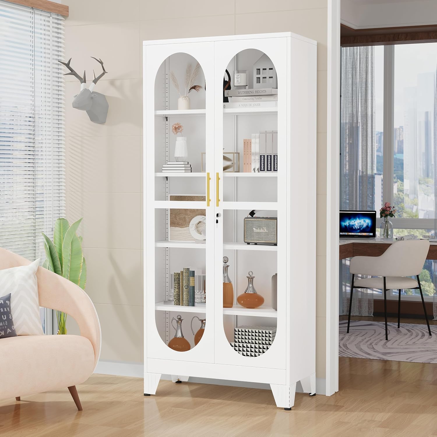 GAIOUS 71' Tall Curio Cabinet with Glass Door, 5 Tier Metal Display Cabinet with 4 Adjustable Shelves, Locking Glass Display Case for Collectibles, Showcase Storage Cabinets for Showroom Clinic, White