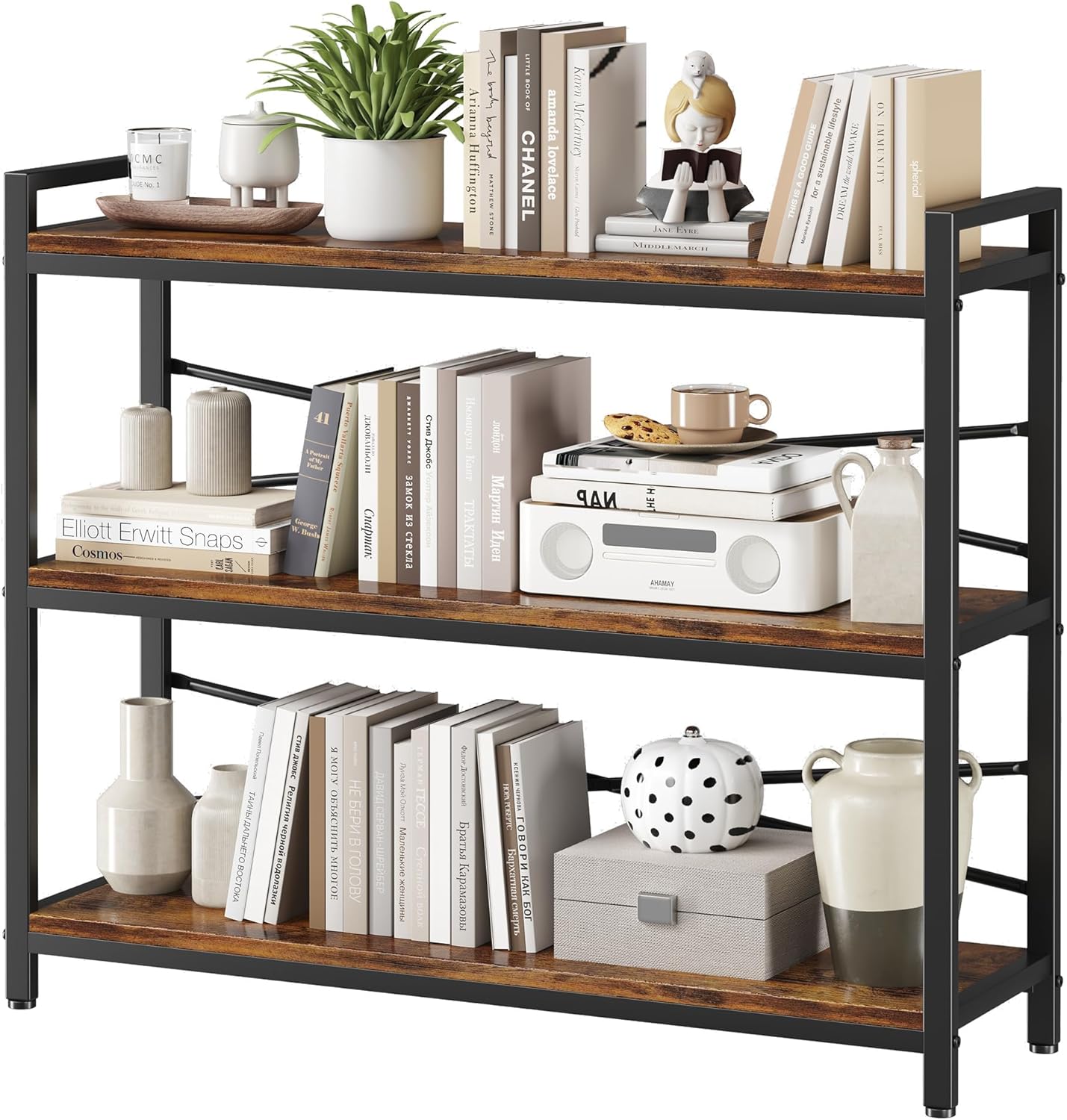 3 Tier Bookshelf 39.37' Width, Long Industrial Bookcase, Vintage Farmhouse Modern Wooden Big Book Shelf for Home Living Room Bedroom Office Storage(Rustic Brown)