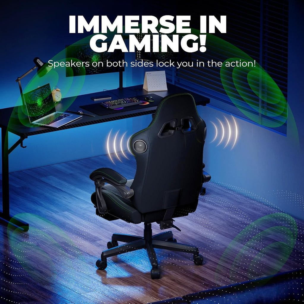GTPLAYER ACE-PRO Music Gaming Chairs – Built-in Speakers, App Support & Bluetooth Control, Computer Game Chairs with Footrest for Adults, Ergonomic, Reclining, Linkage Armrest, Black & Green Stitch