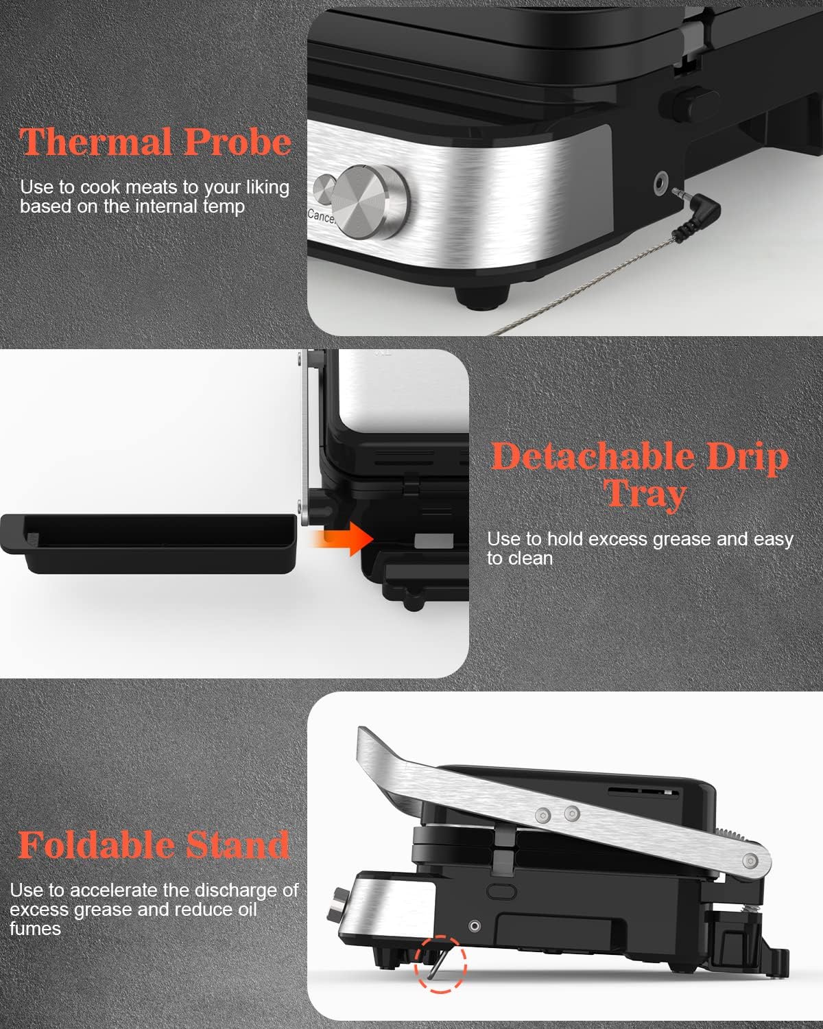 CATTLEMAN Panini Press Grill Sandwich Maker with Removable Plates, 1600W, 5 in 1 Smokeless Indoor Grill & Griddle with Meat Thermometer, Electric Contact Grills for Kitchen, Stainless Steel