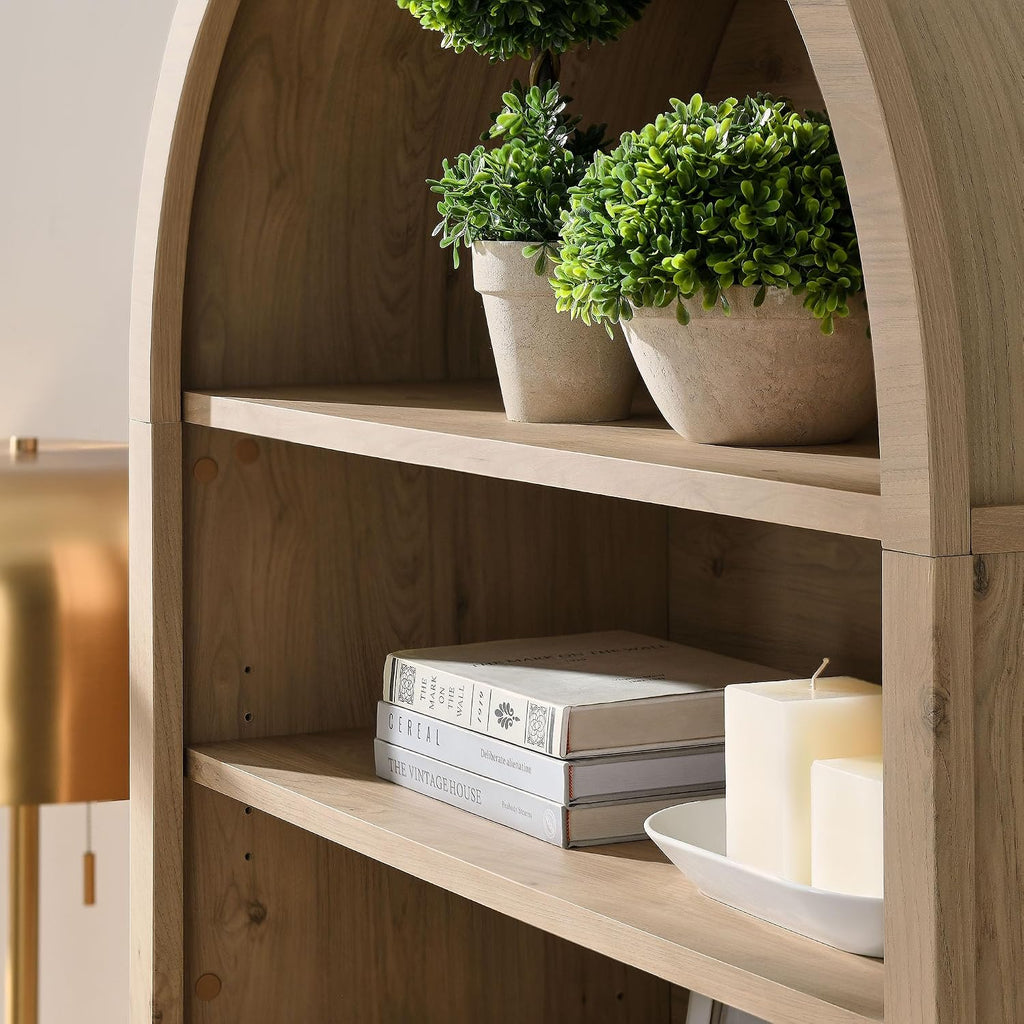 Modway Nolan Tall Arched Storage Display Cabinet in Light Oak - 74 Inch Arch Bookshelf with Open and Closed Shelving - Modern Accent Cabinet for Living Room, Dining Room