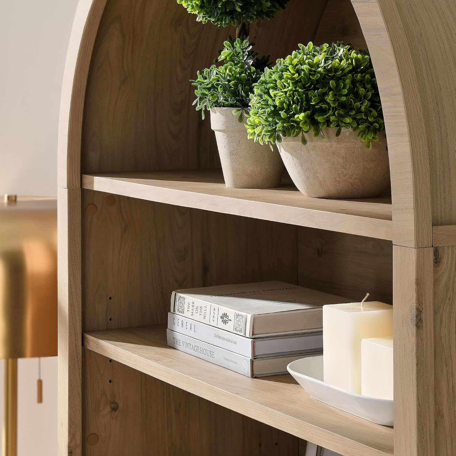 Modway Nolan Tall Arched Storage Display Cabinet in Light Oak - 74 Inch Arch Bookshelf with Open and Closed Shelving - Modern Accent Cabinet for Living Room, Dining Room