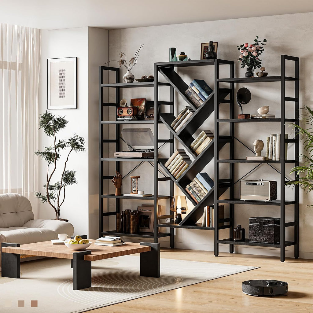 INNOD 70x70' Triple 5 Tier Book Shelf, Large Wooden Bookcase with 17 Open Display Shelf, Modern Tree Bookshelf Metal Frame Tall Book Case Furniture for Living Room Bedroom Home Office Black