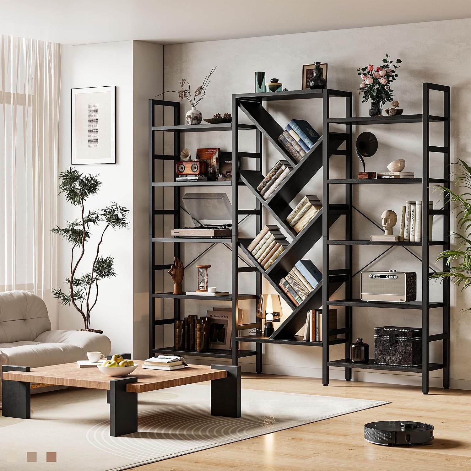 INNOD 70x70' Triple 5 Tier Book Shelf, Large Wooden Bookcase with 17 Open Display Shelf, Modern Tree Bookshelf Metal Frame Tall Book Case Furniture for Living Room Bedroom Home Office Black