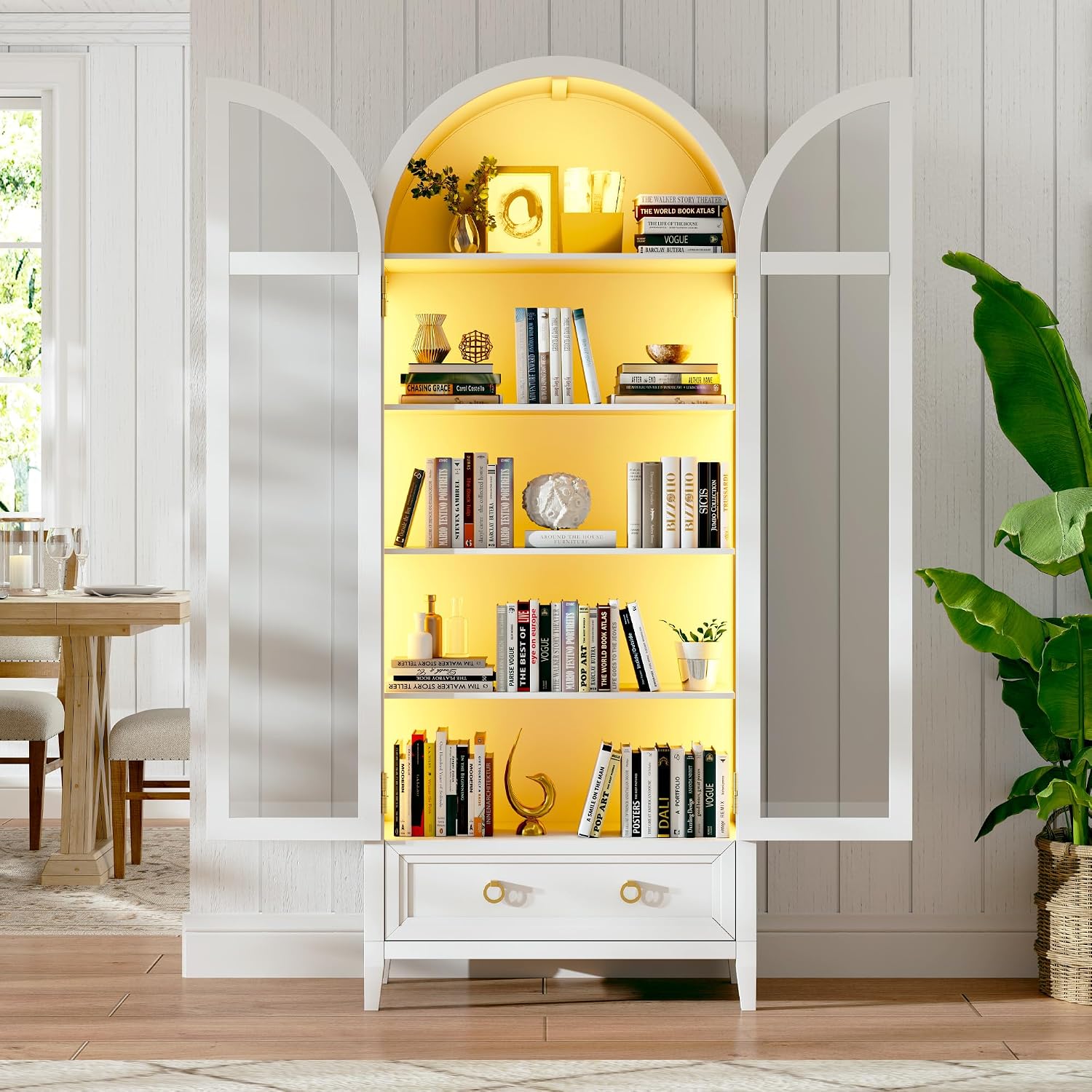 Arch Display Cabinet with Glass Doors, 4-Tier Curio Cabinet Shelves and a Drawer,73' Inch Tall LED Display Case for Collectibles,Bookcase for Bedroom Living Room Office,Black White