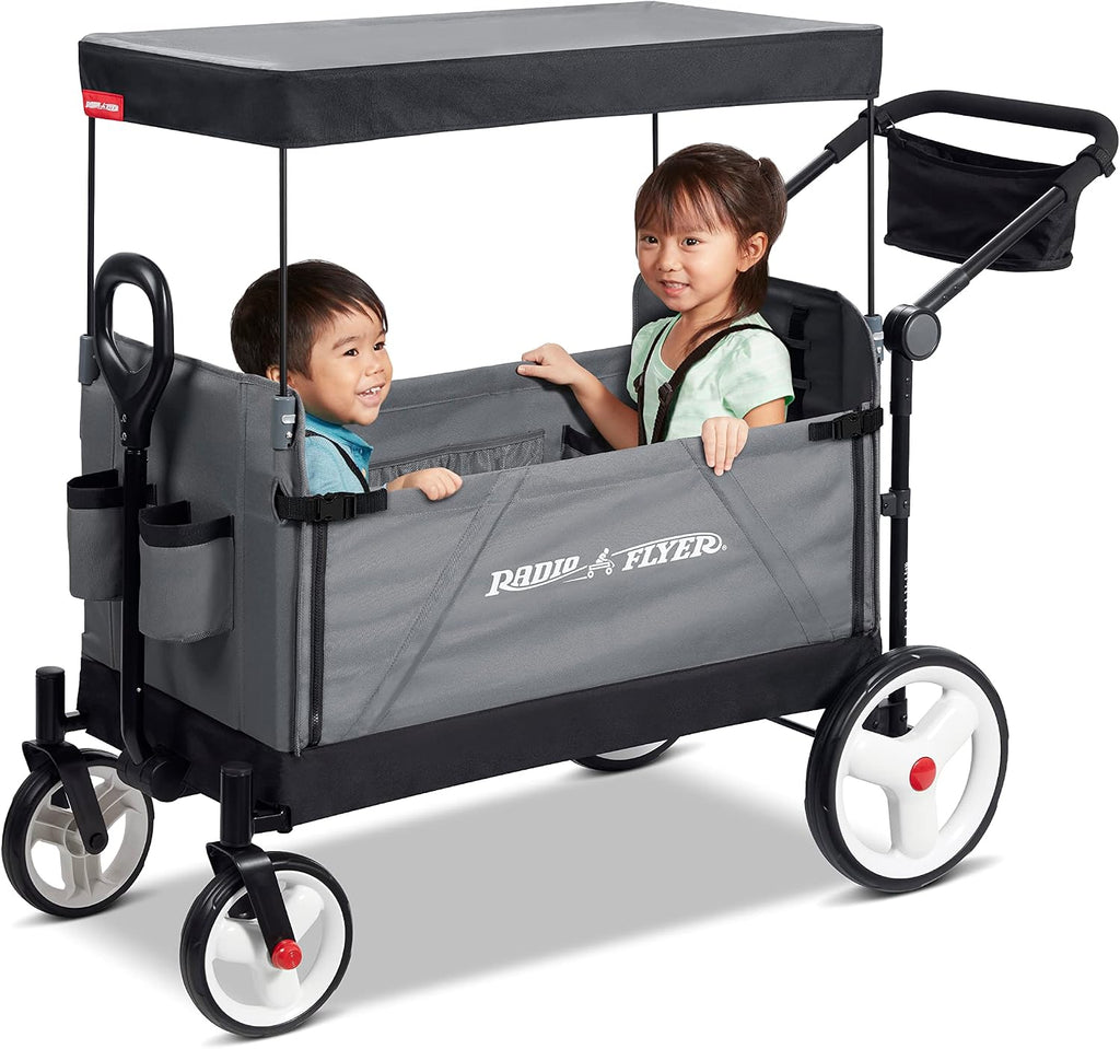 Radio Flyer City Luxe Stroll 'N Wagon, for Ages 1+, 3-in-1 Push or Pull, with Bench Mode, Easy Fold, UV Canopy, 5-Point Harnesses, Front Caster Wheels & 12' Rear Wheels, Stroller Wagon for Kids